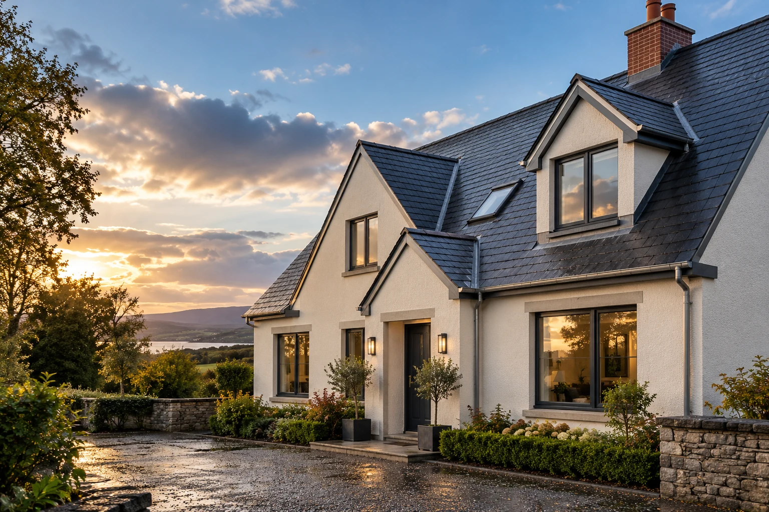 Illustrative slate-roof home showing roofing and exterior details